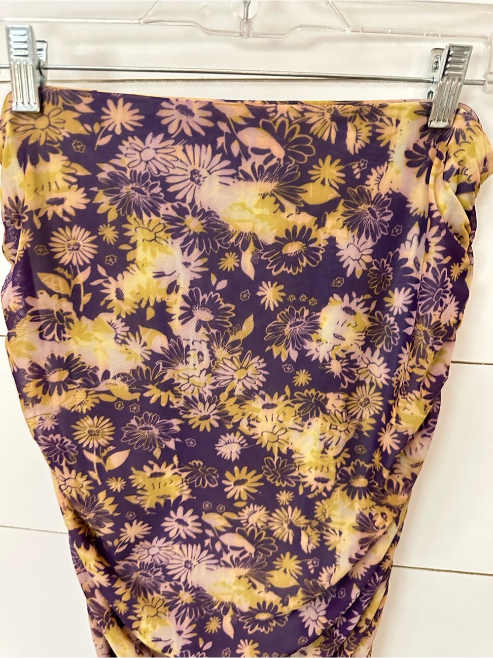 Anthropologie M Purple-yellow floral ruched stretch elastic waist midi skirt - Picture 10 of 11